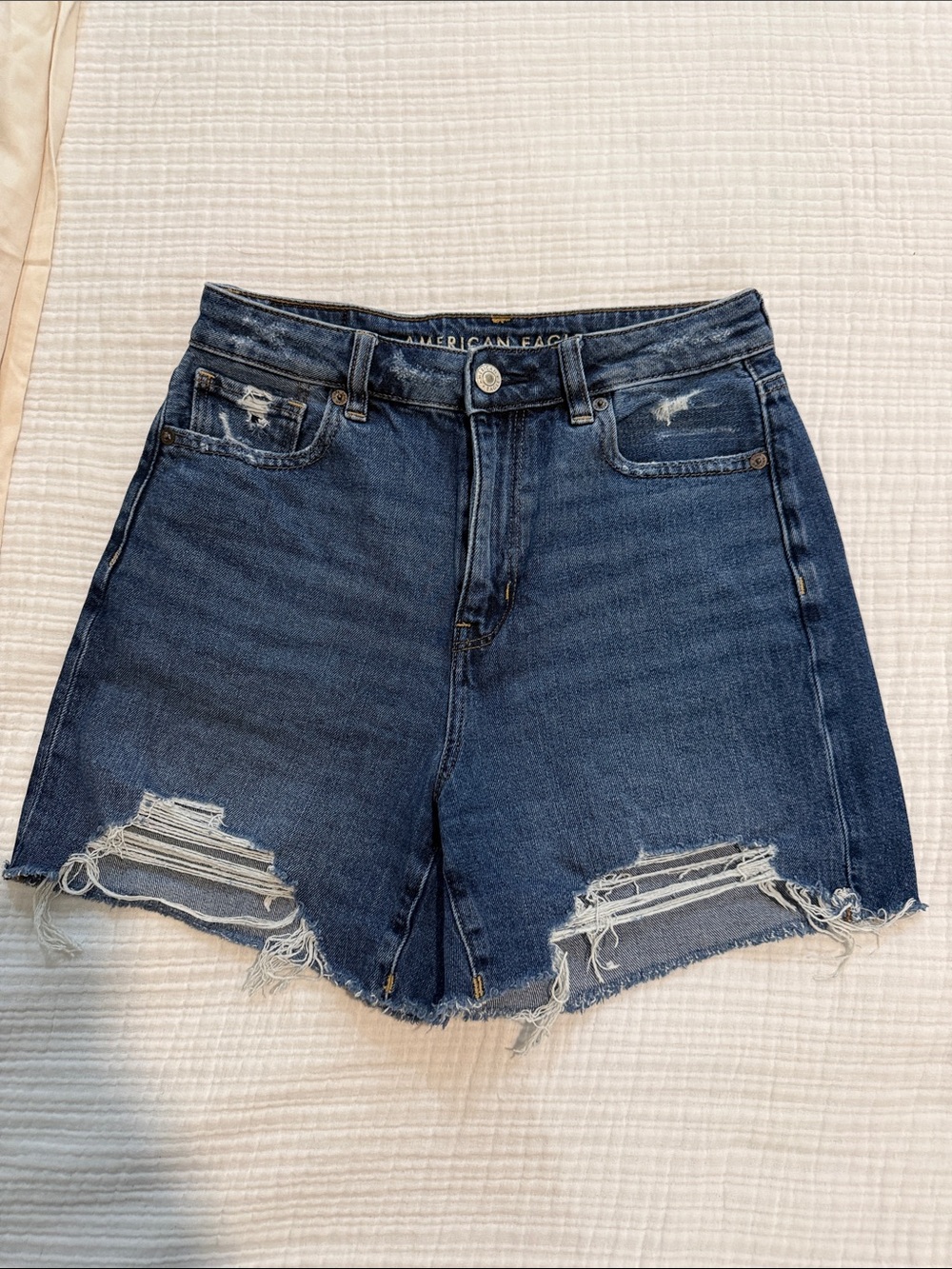 American Eagle Outfitters Dark Blue Distressed High-Rise Denim Shorts